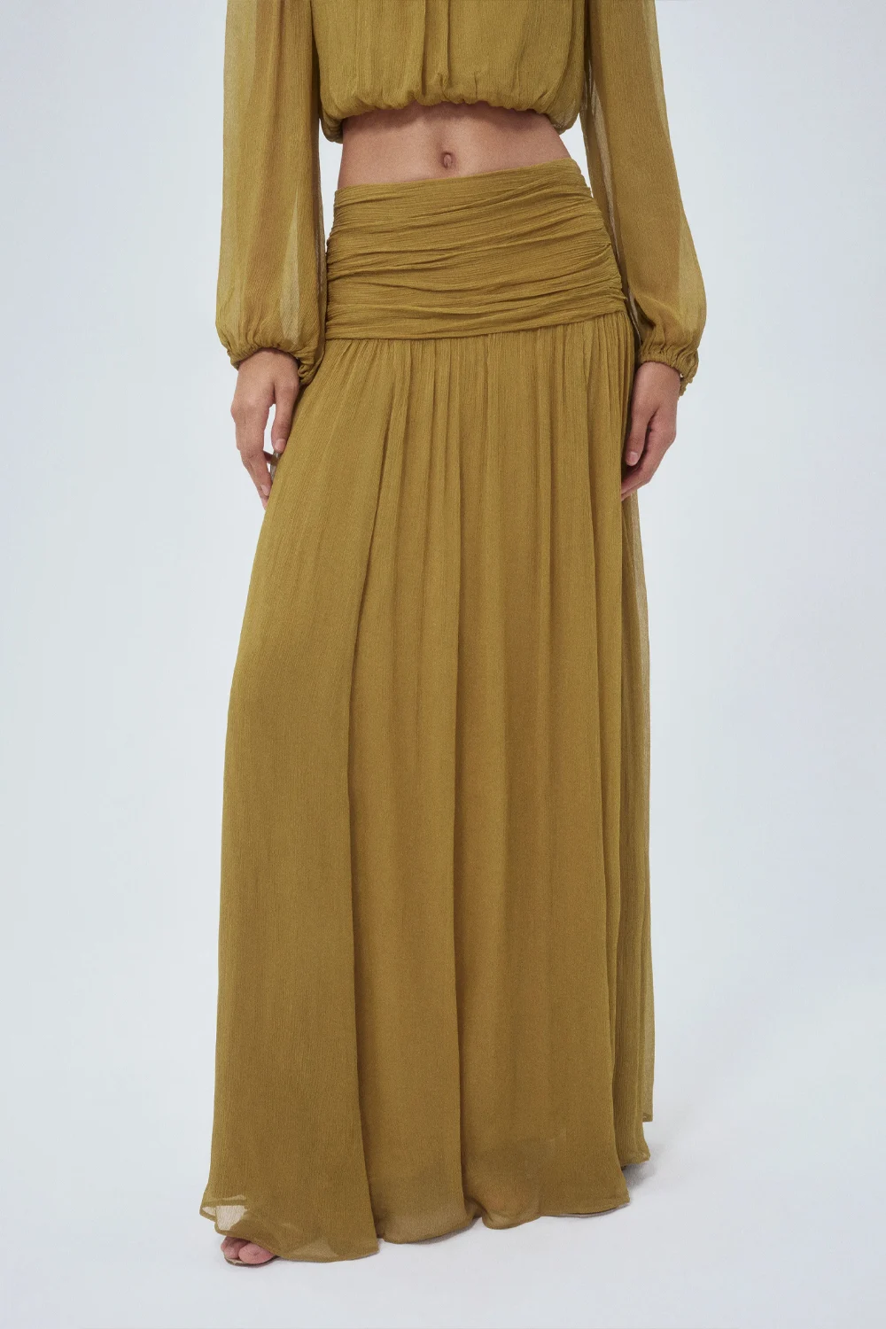 Olive Green Chiffon Long Sleeve Crop Top and Ruched Maxi Skirt Two Piece Set