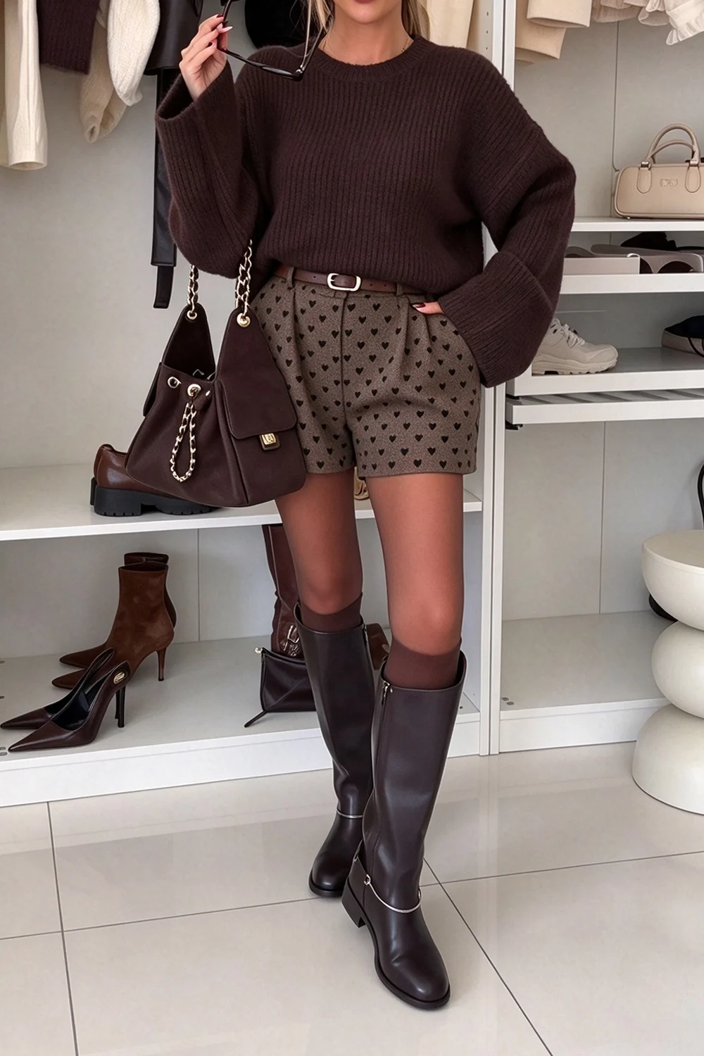 Women's Grey Ribbed Knit Sweater and Heart Print Shorts Two Piece Set