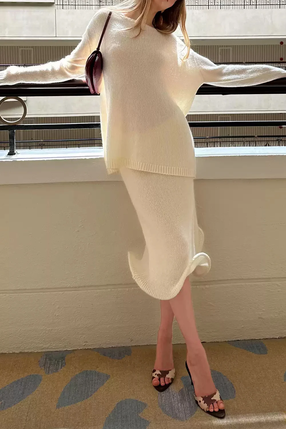 Cream Ribbed Knit Crewneck Sweater and Ruffle Hem Midi Skirt Two Piece Set