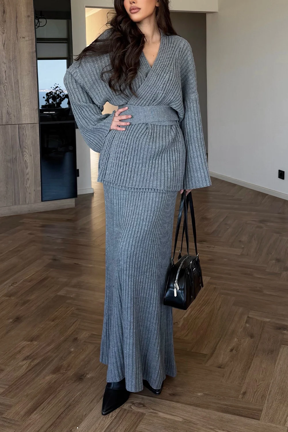Ribbed Knit Long Sleeve Wrap Top and Maxi Skirt Two Piece Set [erp-image:25d338f2b3bbad670c099c5a]