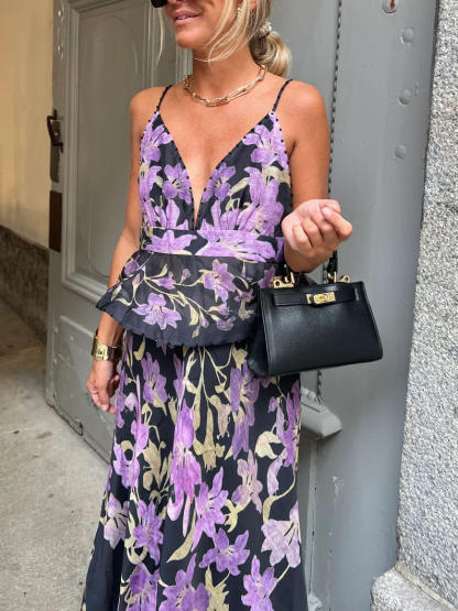 Elegant Printed Pleated Waist Dress