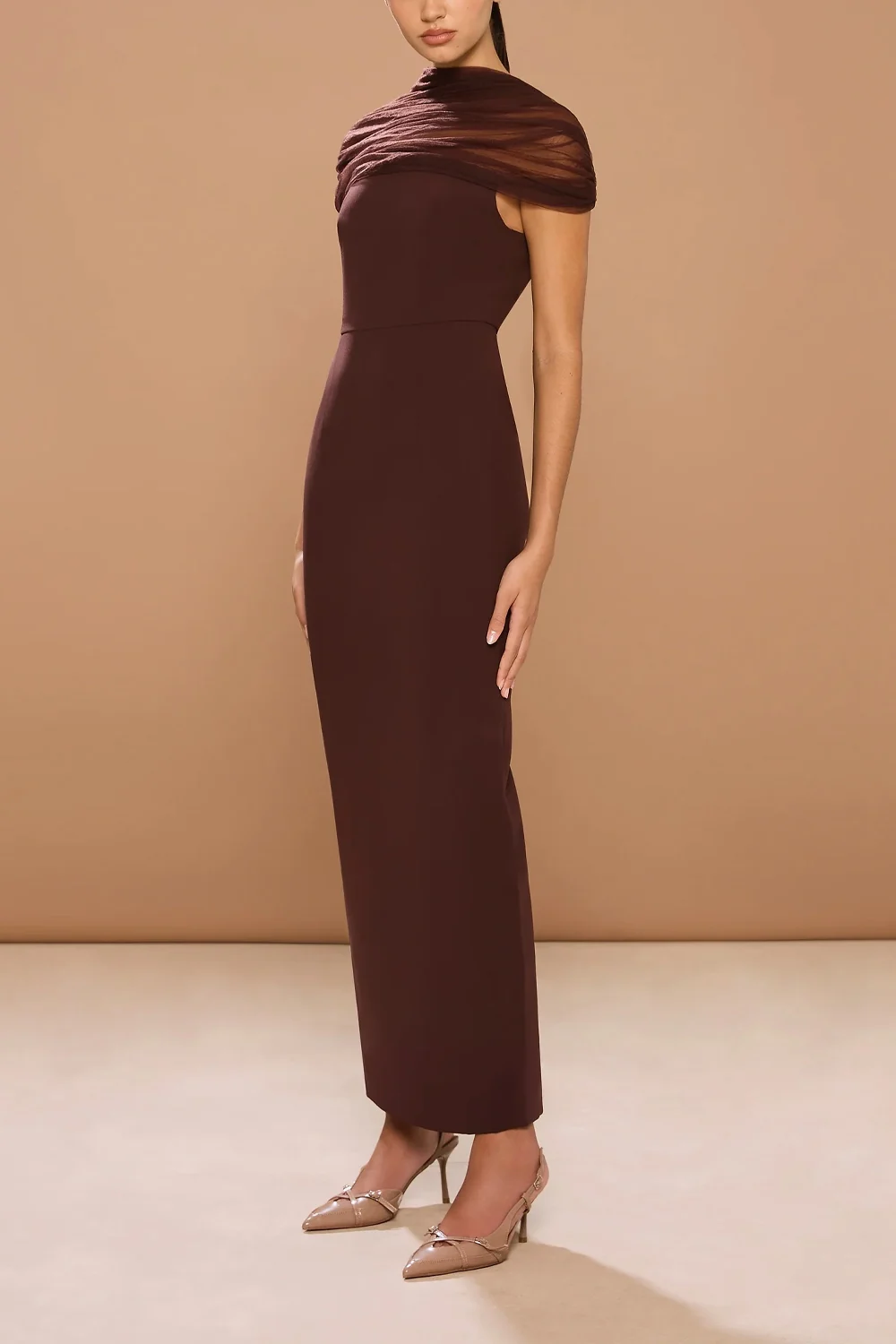 Chocolate Brown Mesh Draped Off the Shoulder Sleeveless Column Maxi Dress [erp-image:81a66029935f241da9e10be5]