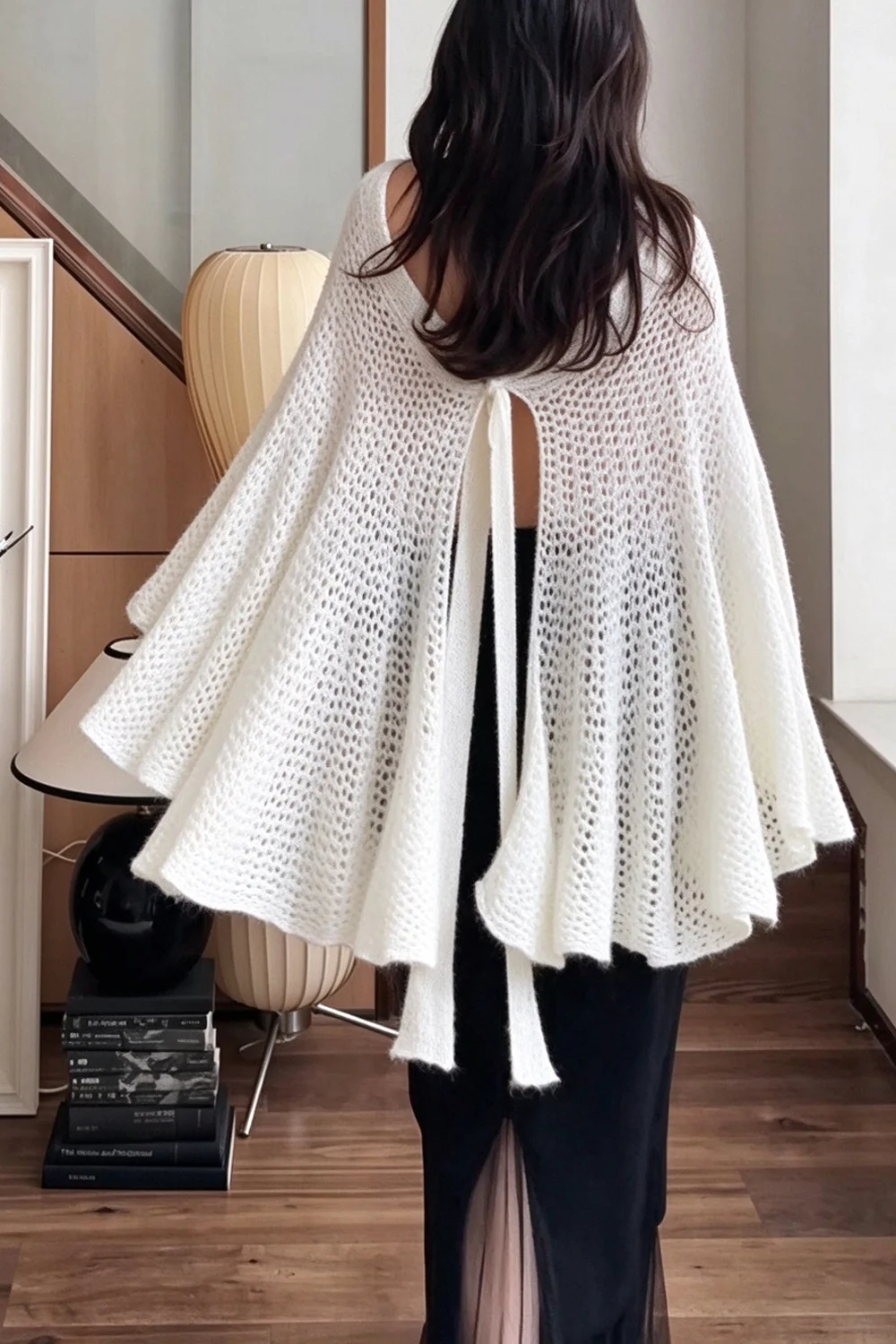 Women's Open Knit Cape Top Flowing Asymmetric Hem Flared Poncho Blouse [erp-image:29df535df1f7d7a51457f01a]
