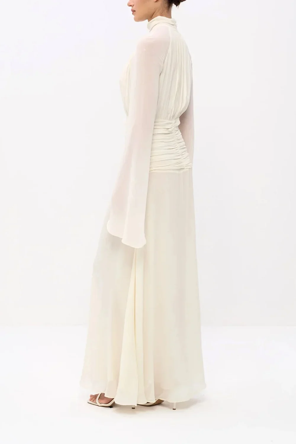 High Neck Pleated Bodice Flared Sleeve Ruched Maxi Evening Dress [erp-image:84182d6c7fce1c79f6444c87]
