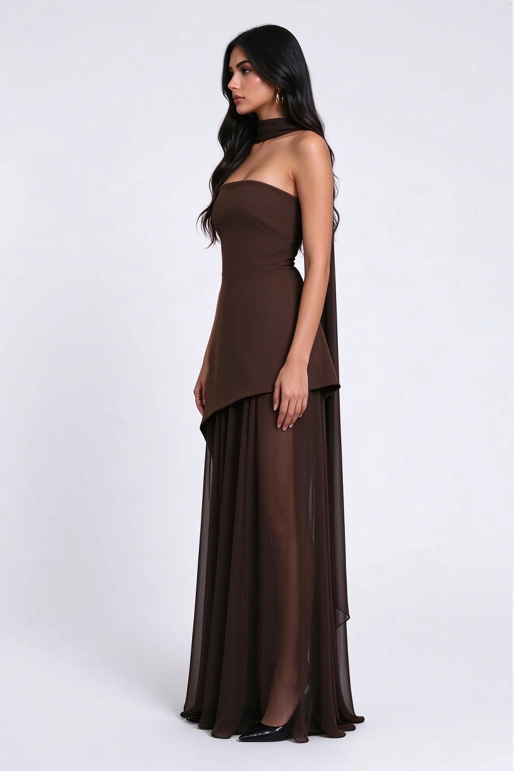 Strapless High Slit Maxi Dress with Asymmetrical Hem and Scarf Detail [erp-image:9842e45966460e8fa73d1a73]