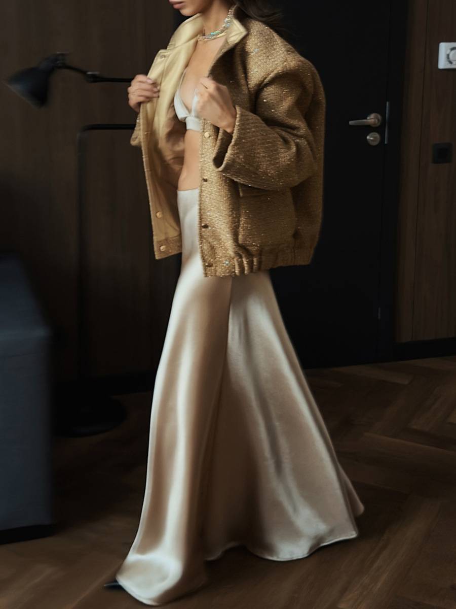 Gold Sequin Stand Collar Loose Jacket