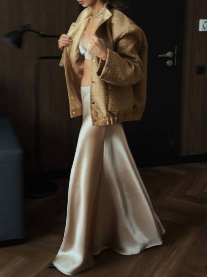 Gold Sequin Stand Collar Loose Jacket