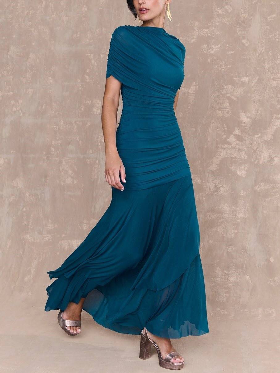 Pleated Design Irregular Hem Maxi Dress