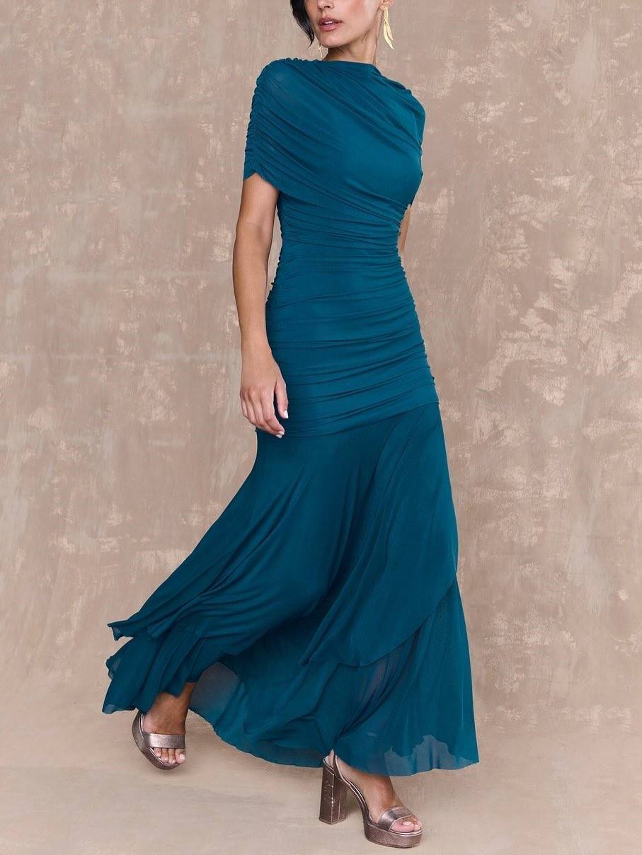 Pleated Design Irregular Hem Maxi Dress