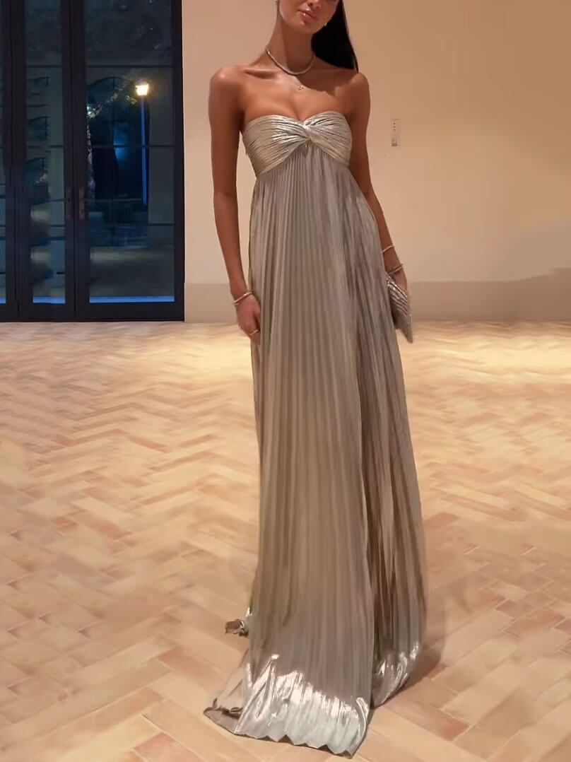 Metallic Pleated Off-The-Shoulder Maxi Dress