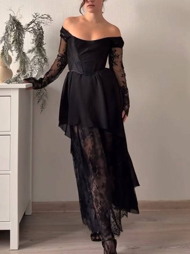 Lace Splicing Irregular Hem Maxi Dress