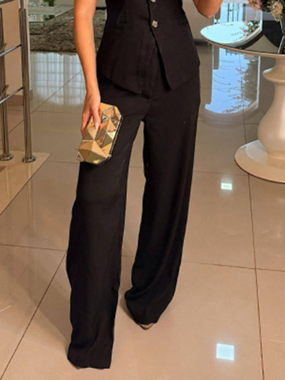 Perfect Charm Elegant Solid Pocket Wide-Leg Pants