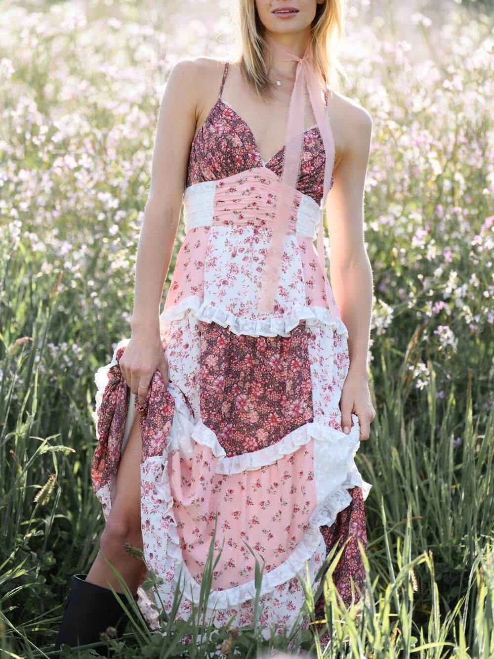 Elegant Patchwork Floral Print Maxi Dress – Likemychoice