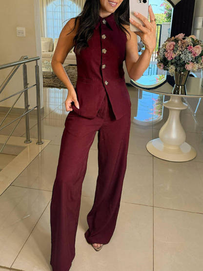 Perfect Charm Elegant High Neck Solid Color Button Vest Top