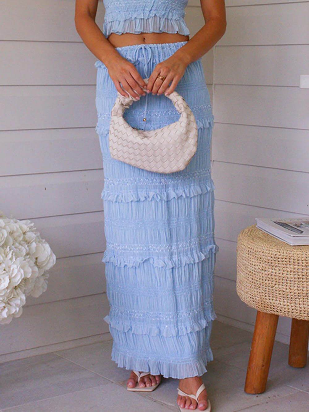 Charm Pleated Drawstring Elastic Waist Tiered Maxi Skirt