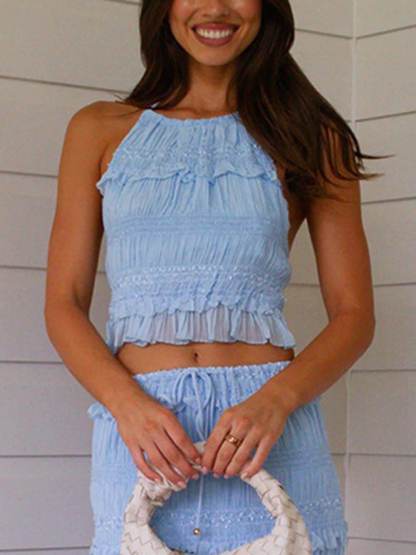 Charming Pleated Drawstring Sleeveless Chiffon Tank Top