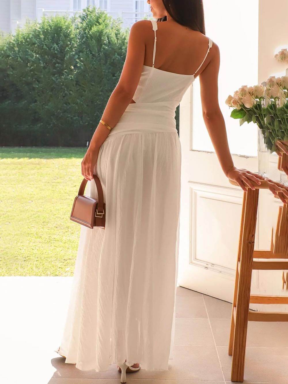 Elegant Backless Pleated V-Neck Splicing Maxi Dress