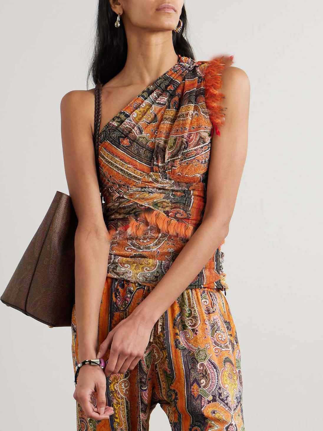 Vintage One Shoulder Paisley Print Mesh Tank Top