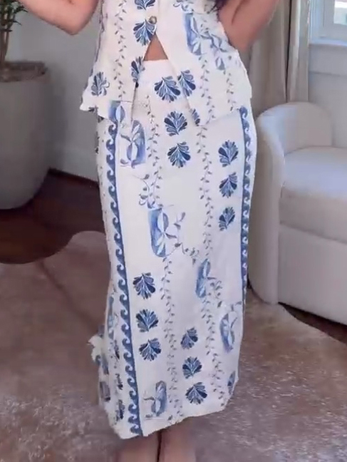 Unique Printed Vest And Skirt Suit-Skirt