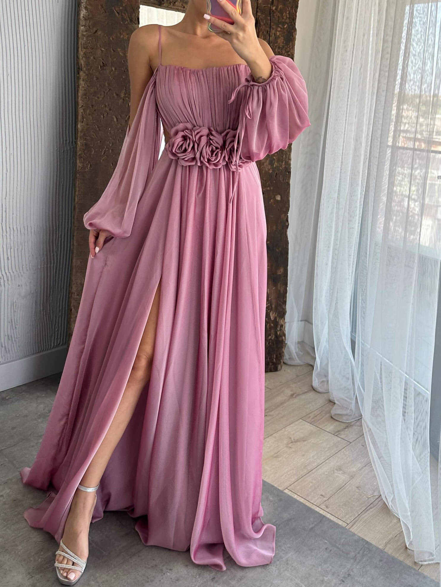 Drawstring Puff Sleeve Dress With Floral Detailing