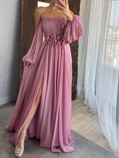 Drawstring Puff Sleeve Dress With Floral Detailing