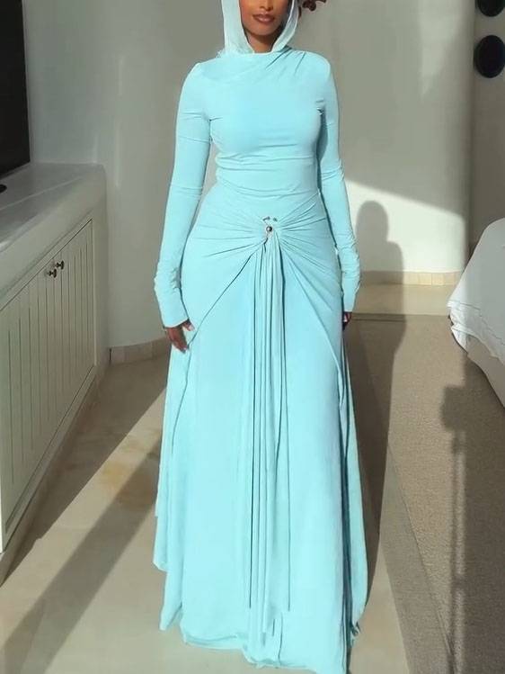 Metal Buckle Design Long Sleeve Maxi Dress