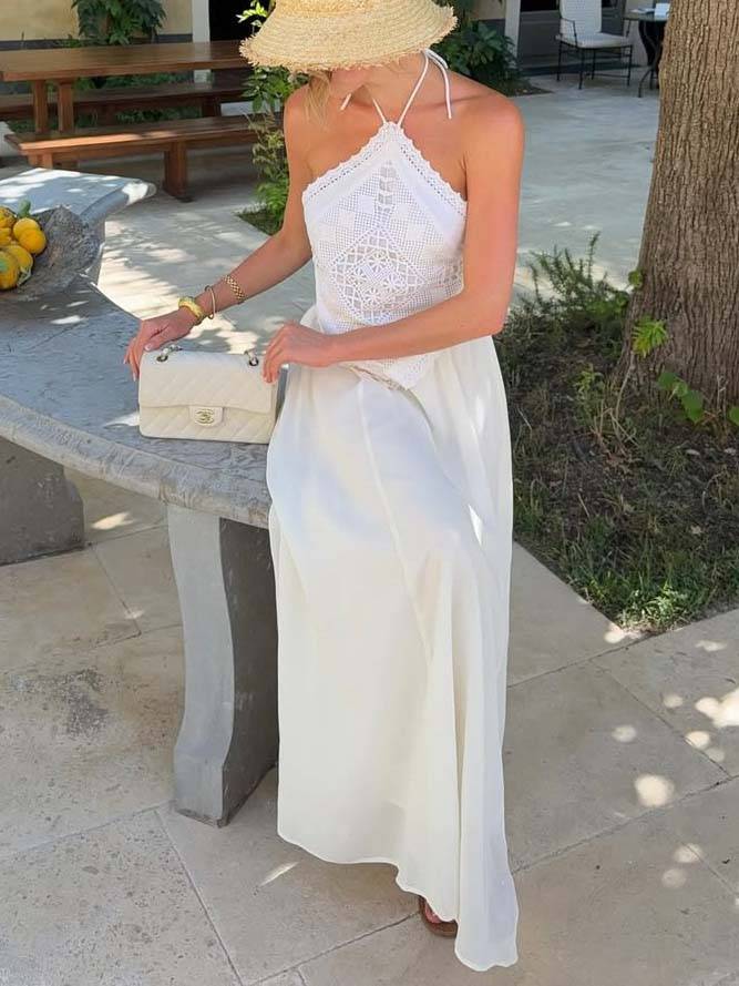 Halter Neck Backless Lace Top And Skirt Set-Skirt