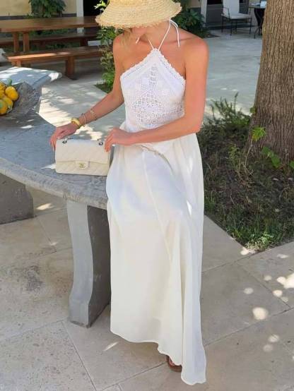 Halter Neck Backless Lace Top And Skirt Set-Skirt