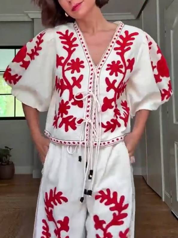 Printed Shirt And Wide Leg Pants Suit-Shirt