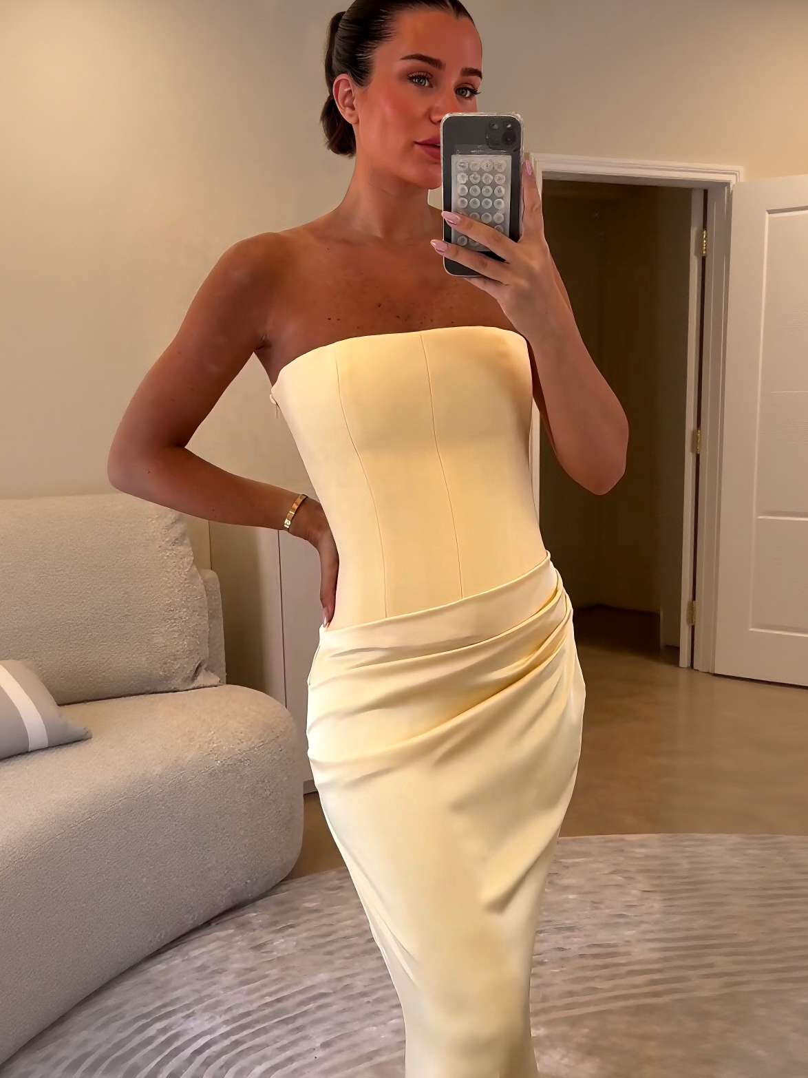 Elegant Strapless Draped Satin Maxi Dress