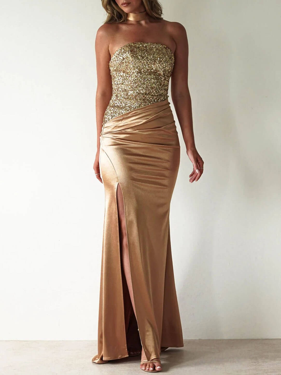 Elegant Sequined Satin Side Slit Dress