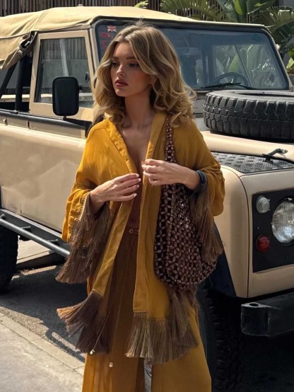 Elegant Palm Print Tassel Long-Sleeved Shirt