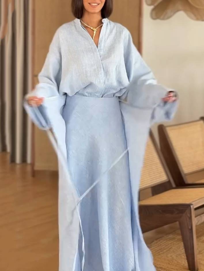 Stand Collar Shirt And Lace-up Skirt Suit