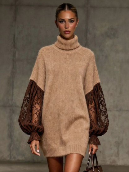 Elegant Lace Sleeve Plush Turtleneck Sweater Dress