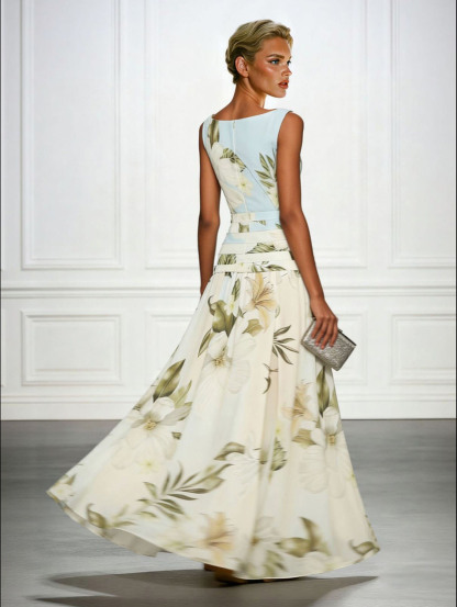 Fresh Sleeveless Boat Neck Printed Party Maxi Dress