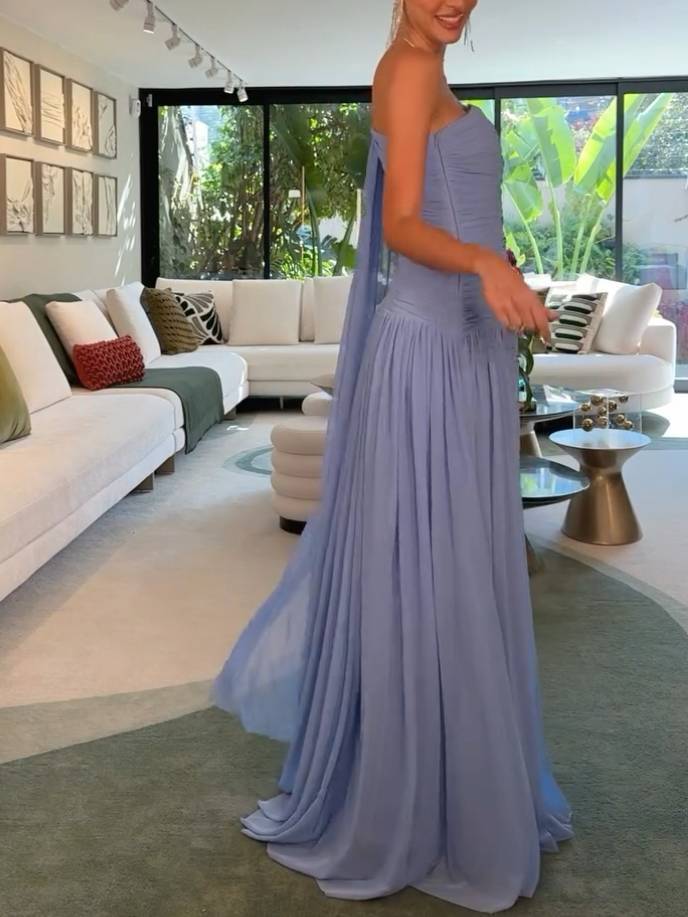 Unique Single-sleeve Shawl Pleated Maxi Dress