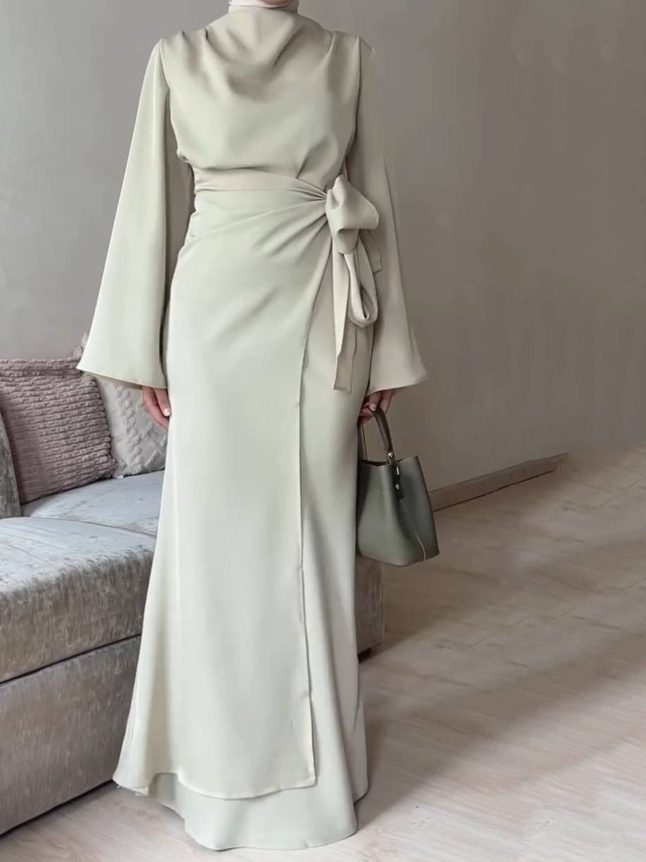 Waist Lace-up Design Long Sleeve Maxi Dress