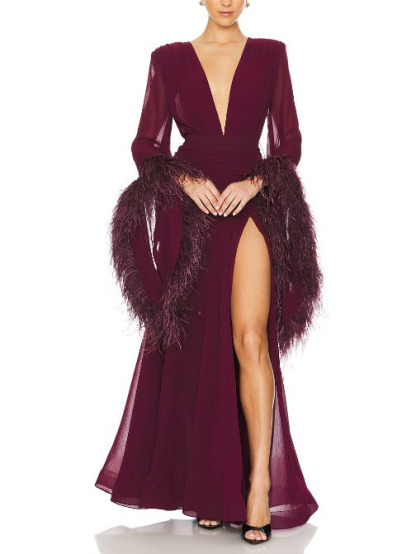 Feather Design Front Slit Maxi Dress
