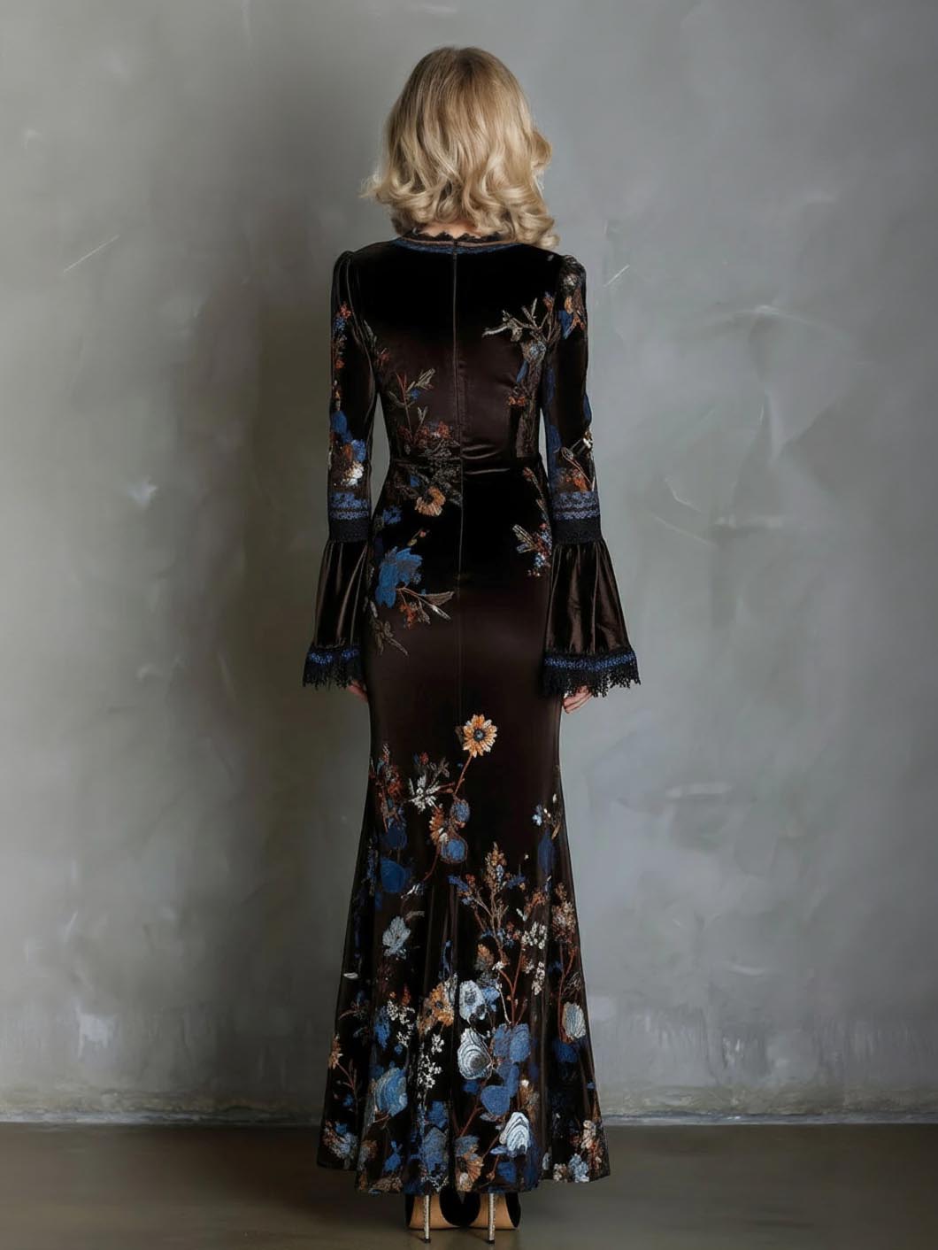Elegant Velvet Floral Print Lace Flared Sleeve Fishtail Maxi Dress