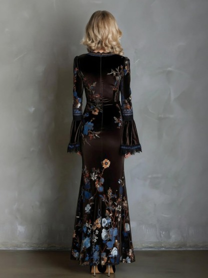 Elegant Velvet Floral Print Lace Flared Sleeve Fishtail Maxi Dress