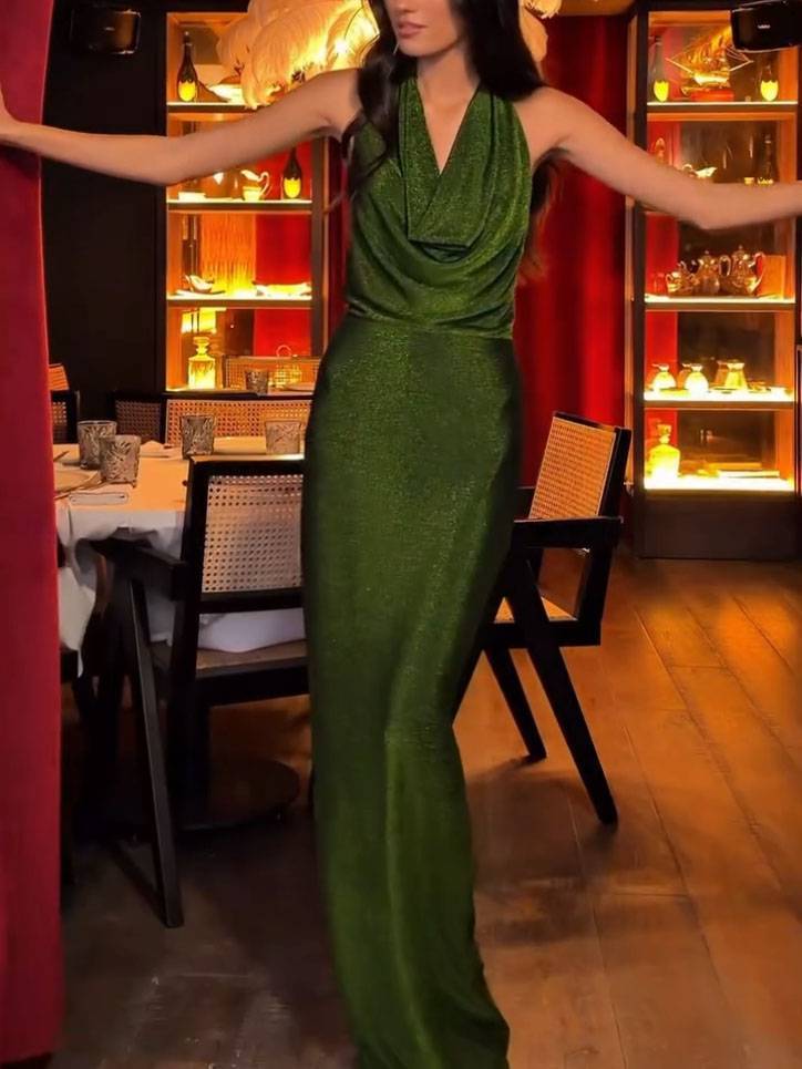 Swing-Collar Shiny Slim-Fit Maxi Dress