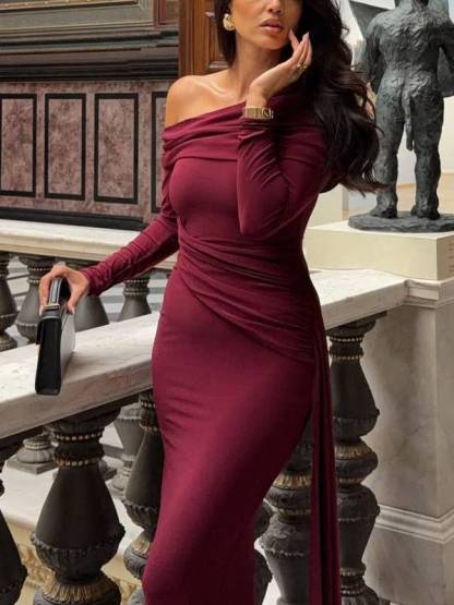 Slant Shoulder Ribbon Design Maxi Dress