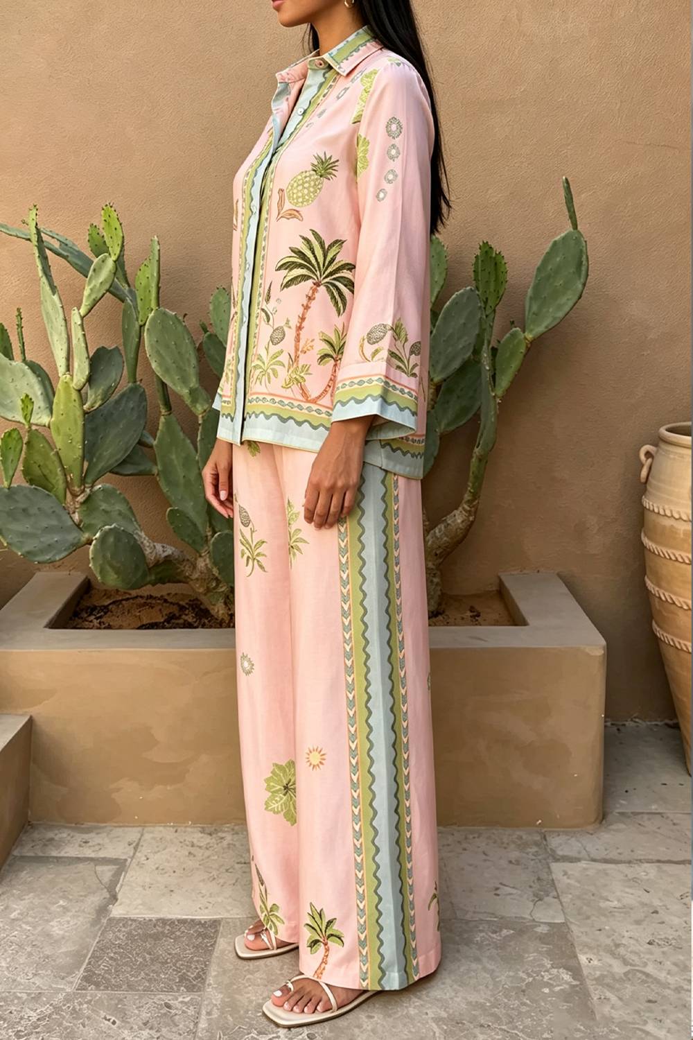 Tropical Print Lapel Shirt & Wide Leg Pants Two‑Piece Set