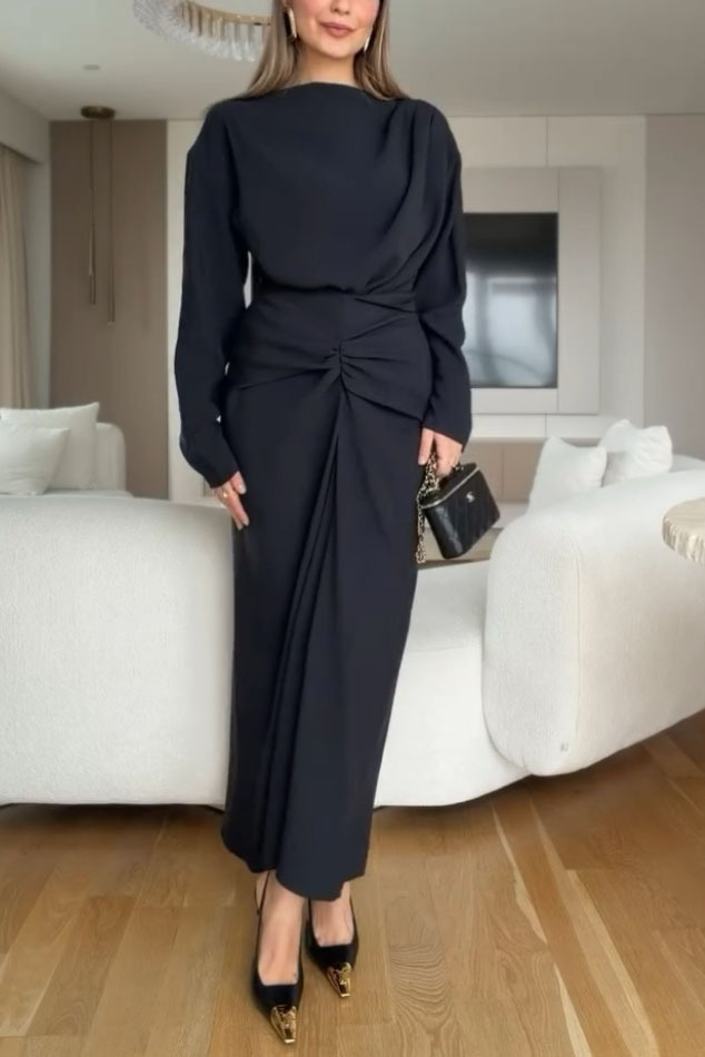 Boat Neck Pleated Slim Fit Maxi Dress