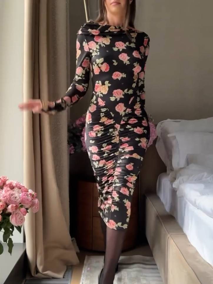 Distinctive Boat Neck Floral-Print Pleated Midi Dress