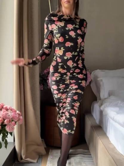 Distinctive Boat Neck Floral-Print Pleated Midi Dress