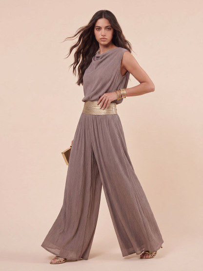 Casual Sleeveless Top & Gold Belt Flowing Wide-Leg Pants Two-Piece Set