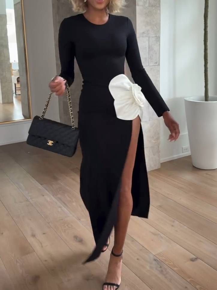 Flower Design Hollow Slit Long Sleeve Maxi Dress