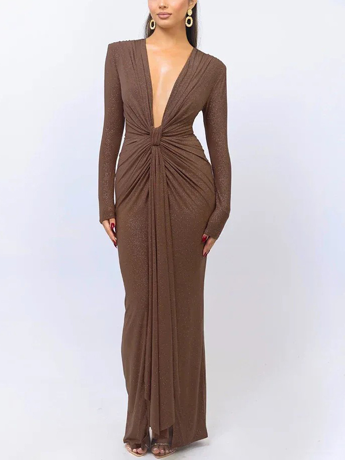 Elegant Deep V-neck Ribbon Slit Tight Maxi Dress