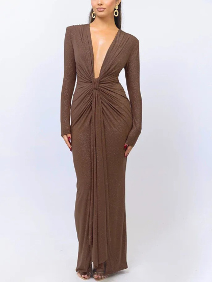 Elegant Deep V-neck Ribbon Slit Tight Maxi Dress
